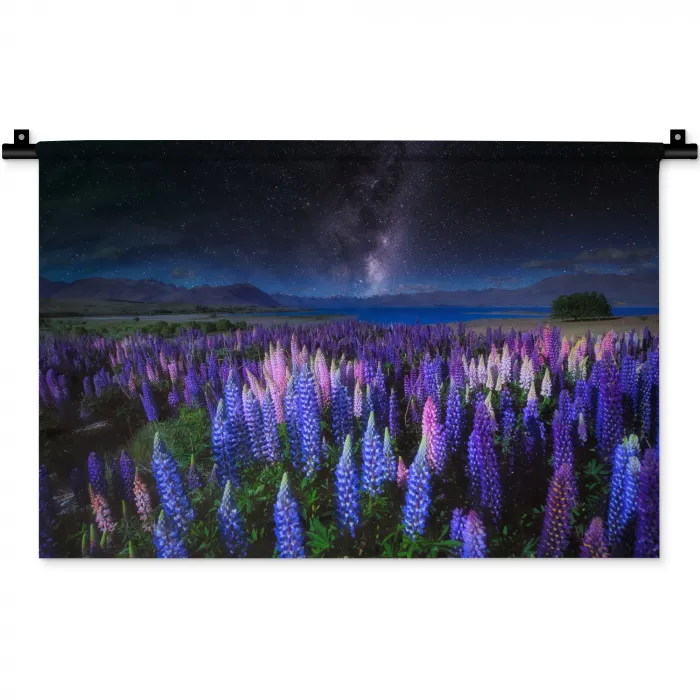 Bloemen - Nacht - Lupine - Sterrenhemel - Paars - Natuur Wandkleed katoen klein -zz3d