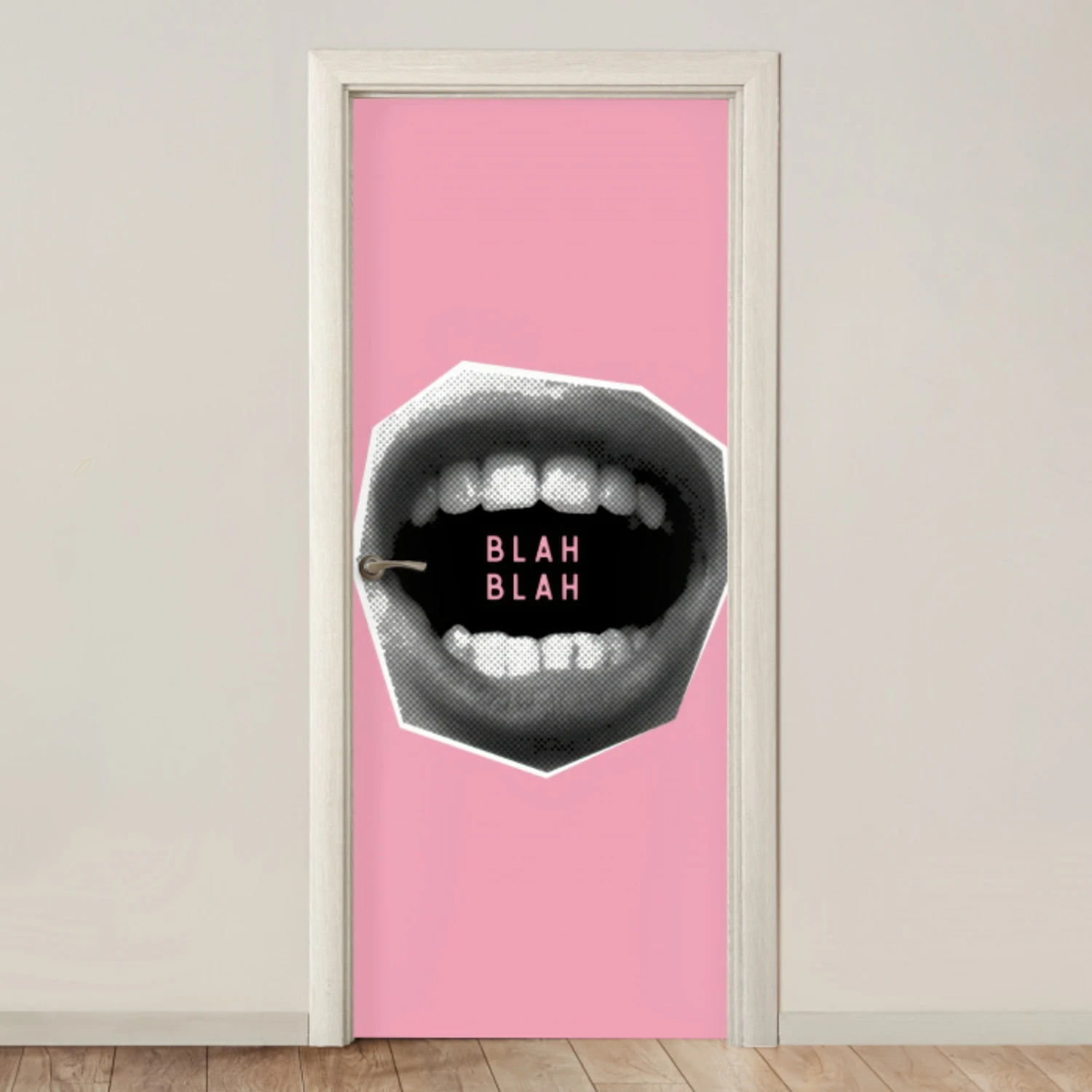 Mond - BLAH BLAH - Roze deurposter klein -3d_beige