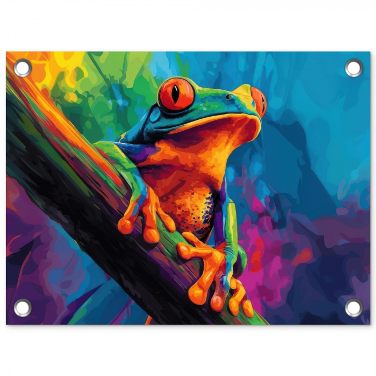 Kikker - Felgekleurd - Tak - Regenboog tuinposter los doek klein -3d