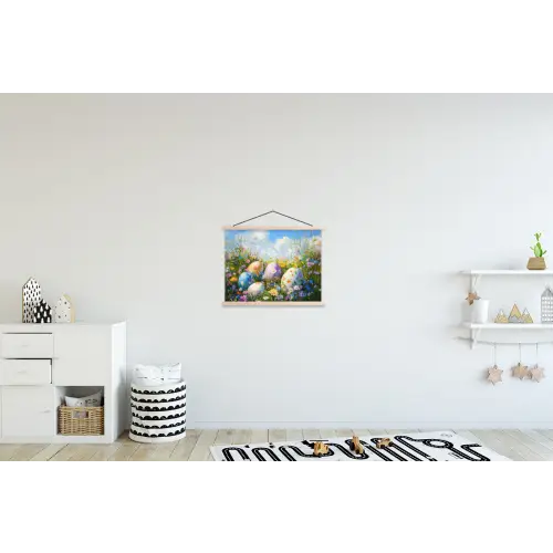 Grasveld - Eieren - Bloemen textielposter latten blank klein -kinderkamer