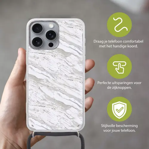 Marmer - Wit - Grijsgroen Hoesje iPhone 16 Pro Max met koord klein 804 -sfeer2_NL
