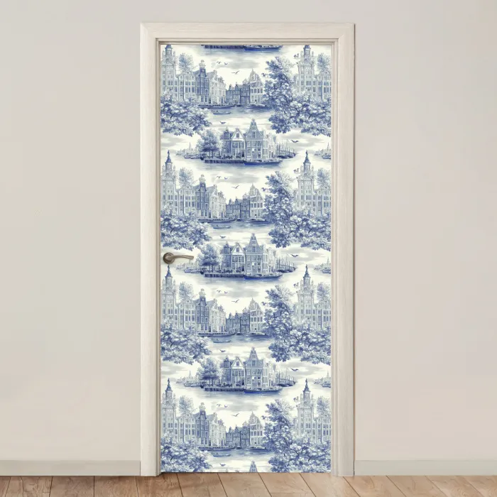 Huizen - Bomen - Water - Vogels - Blauw deurposter klein 289 -3d_beige