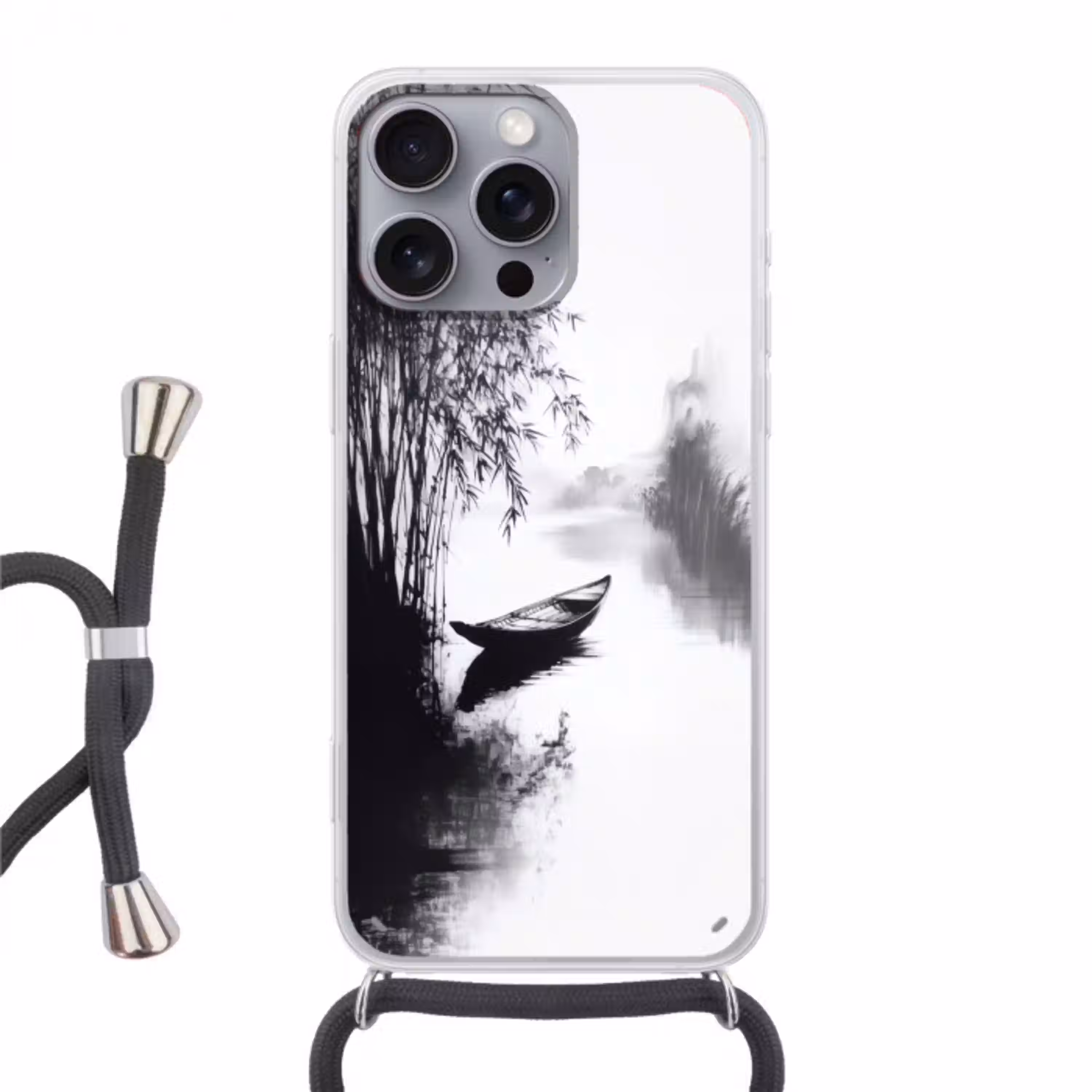 Boot - Rivier - Bamboe - Wit Hoesje iPhone 16 Pro Max met koord klein -3d
