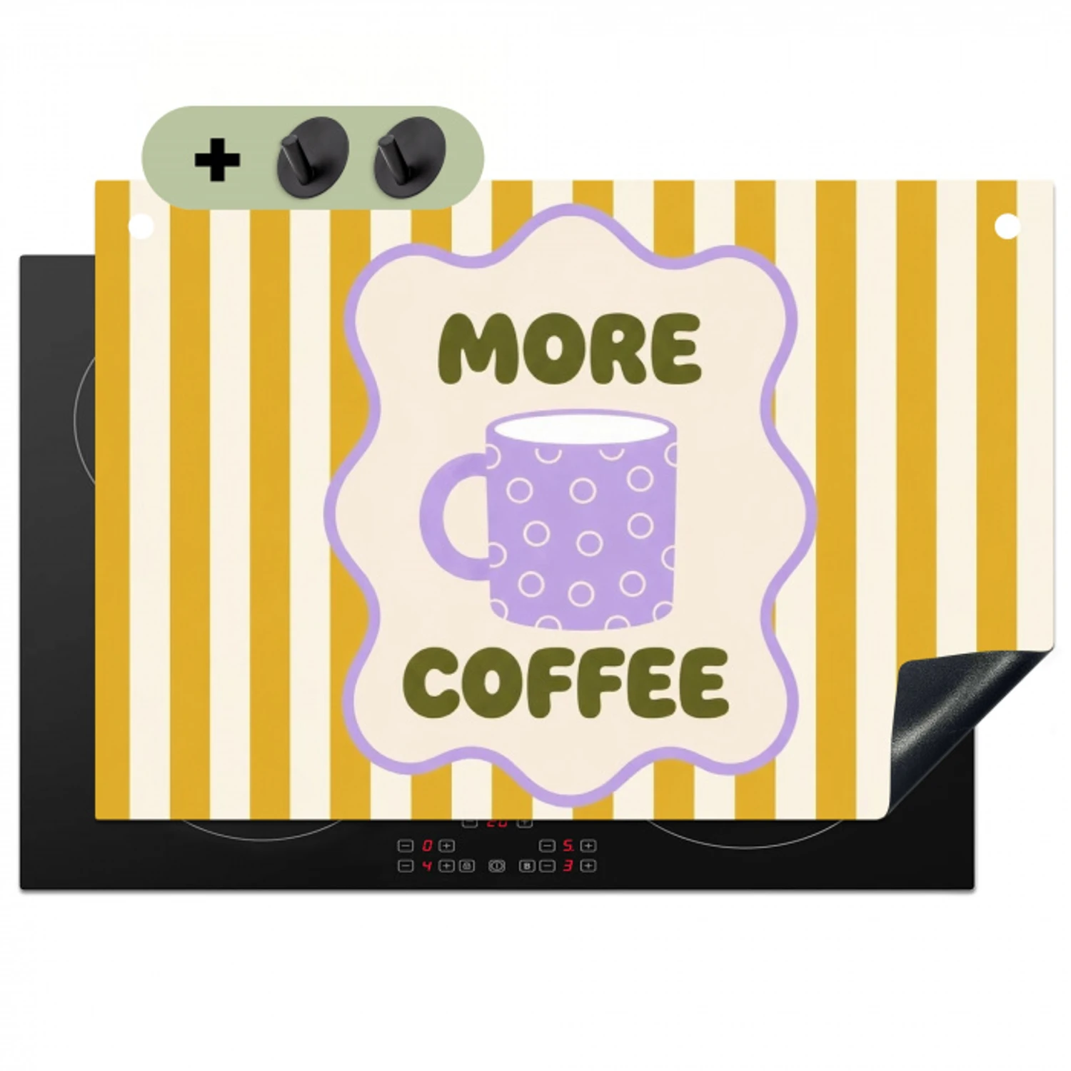 More coffee - Geel - Paars - Strepen - Mok Inductie beschemer met haakjes klein -3d