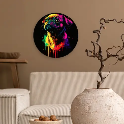 Puck - Hond - Verf - Kleuren Wandcirkel plexiglas klein -sfeer1