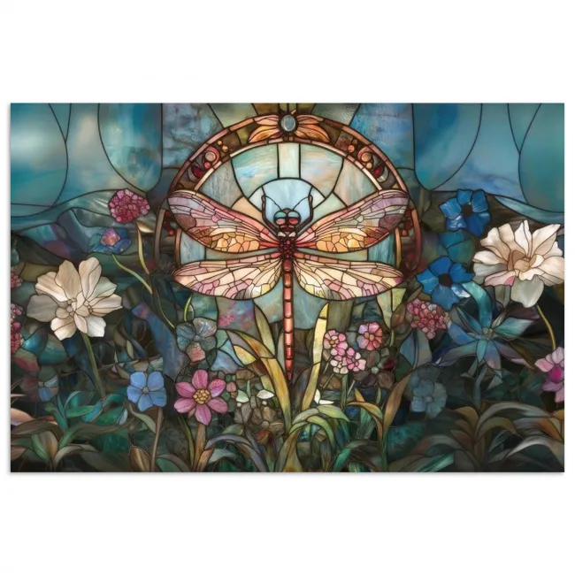 Poster - Libelle - Mozaïek - Bloemen - Kleurrijk
