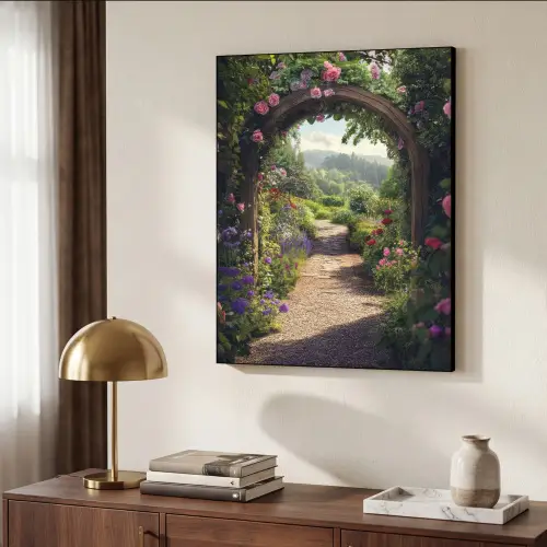 Doorkijk - Landschap - Bloemen - Rozenboog - Natuur Textielframe - compleet frame klein -sfeer3