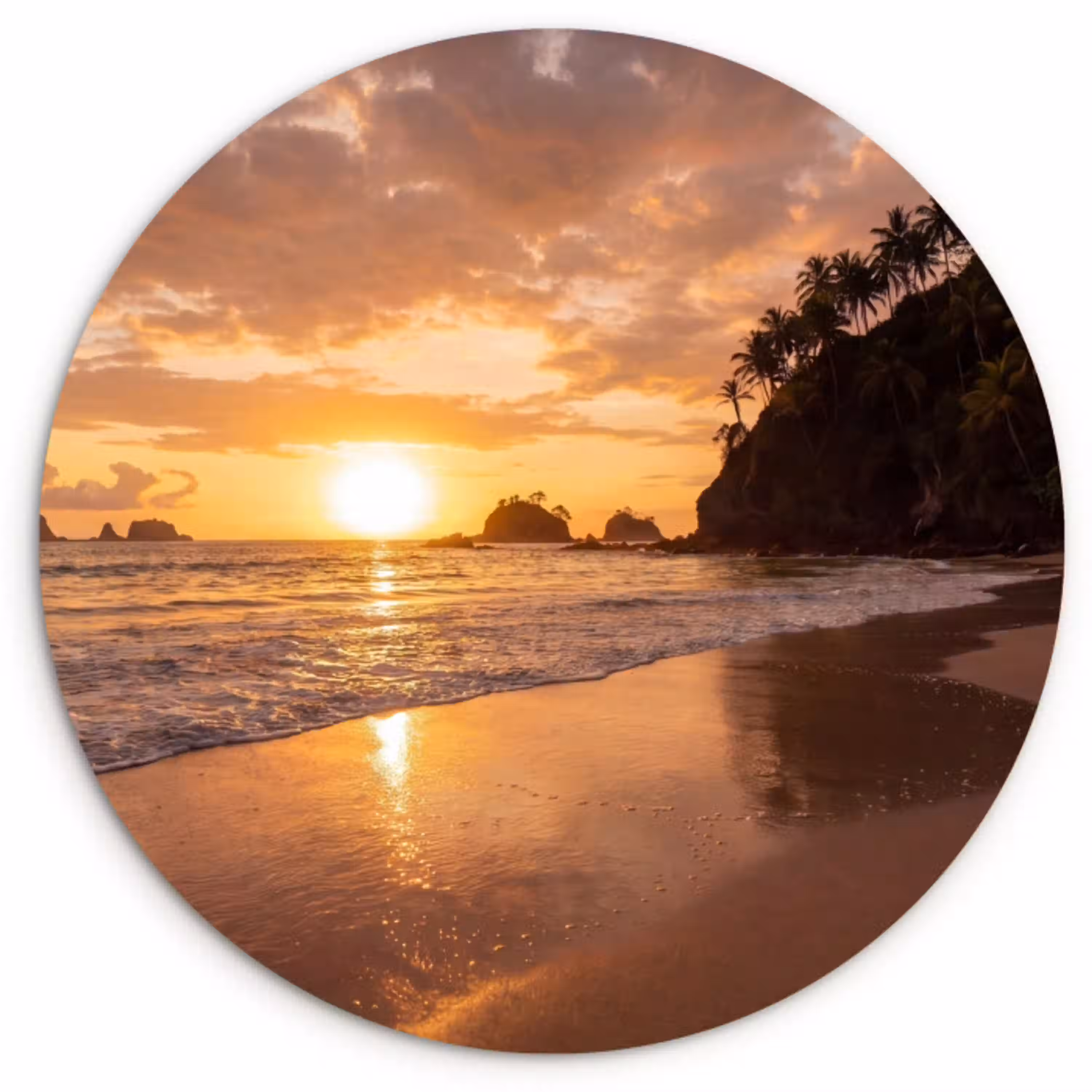 Strand - Zonsondergang - Natuur - Tropisch - Oranje Wandcirkel kunststof plaat 5mm dik klein -3d