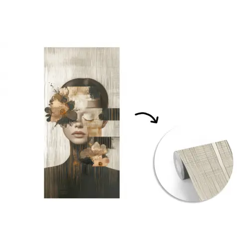 Gezicht - Bloemen - Zwart - Vrouw fotobehang vinyl groot -3d
