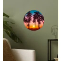 Palmboom - Zonsondergang - Horizon - Strand - Oranje - Roze Wandcirkel behangsticker klein -sfeer2
