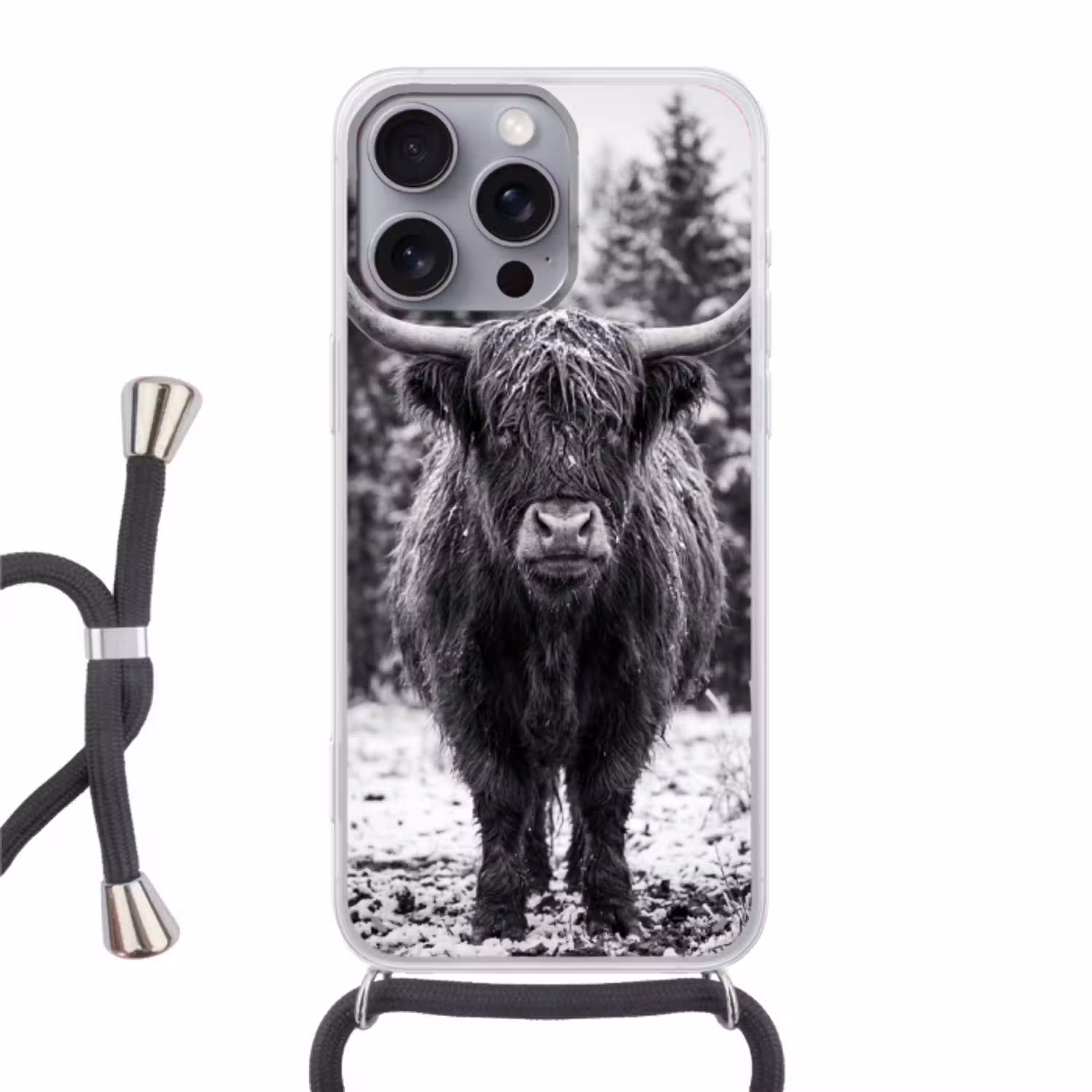 Schotse hooglander - Zwart - Wit - Sneeuwvlokken Hoesje iPhone 16 Pro Max met koord klein -3d