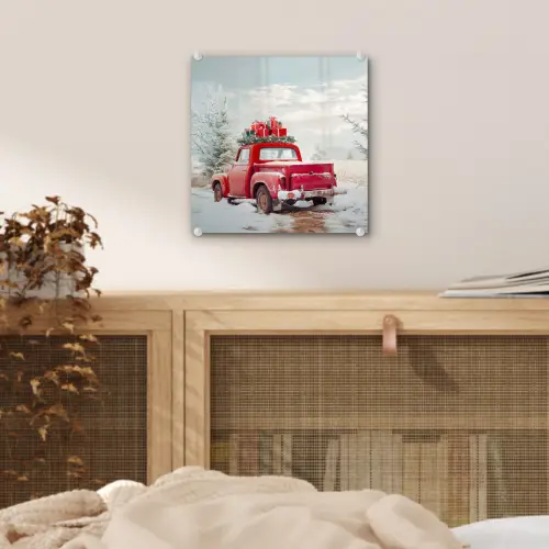 Auto - Rood - Cadeaus - Winter - Sneeuw - Kerst plexiglas 5mm klein -sfeer4