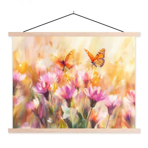 Vlinders - Oranje - Bloemen textielposter latten blank klein -3d