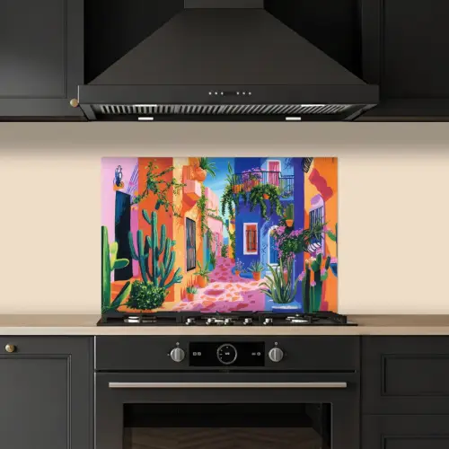 Geel - Blauw - Oranje - Huis keuken achterwand spatscherm klein -sfeer1