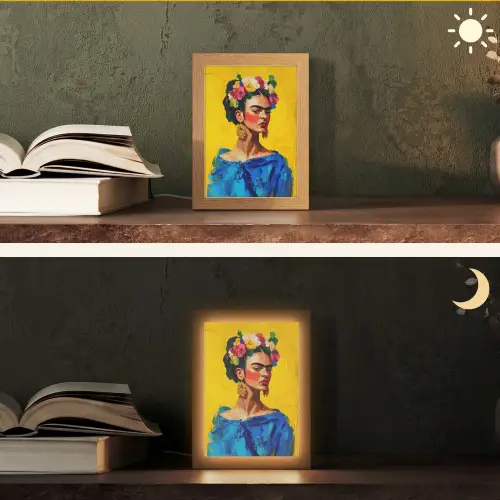 Frida Kahlo - Vrouw - Geel - Blauw - Bloemen Light Box met kabel (Tafellamp) klein -sfeer3