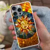 Mozaïek - Zon - Geel - Cirkel Hoesje iPhone 16 Pro Max met koord klein -sfeer3