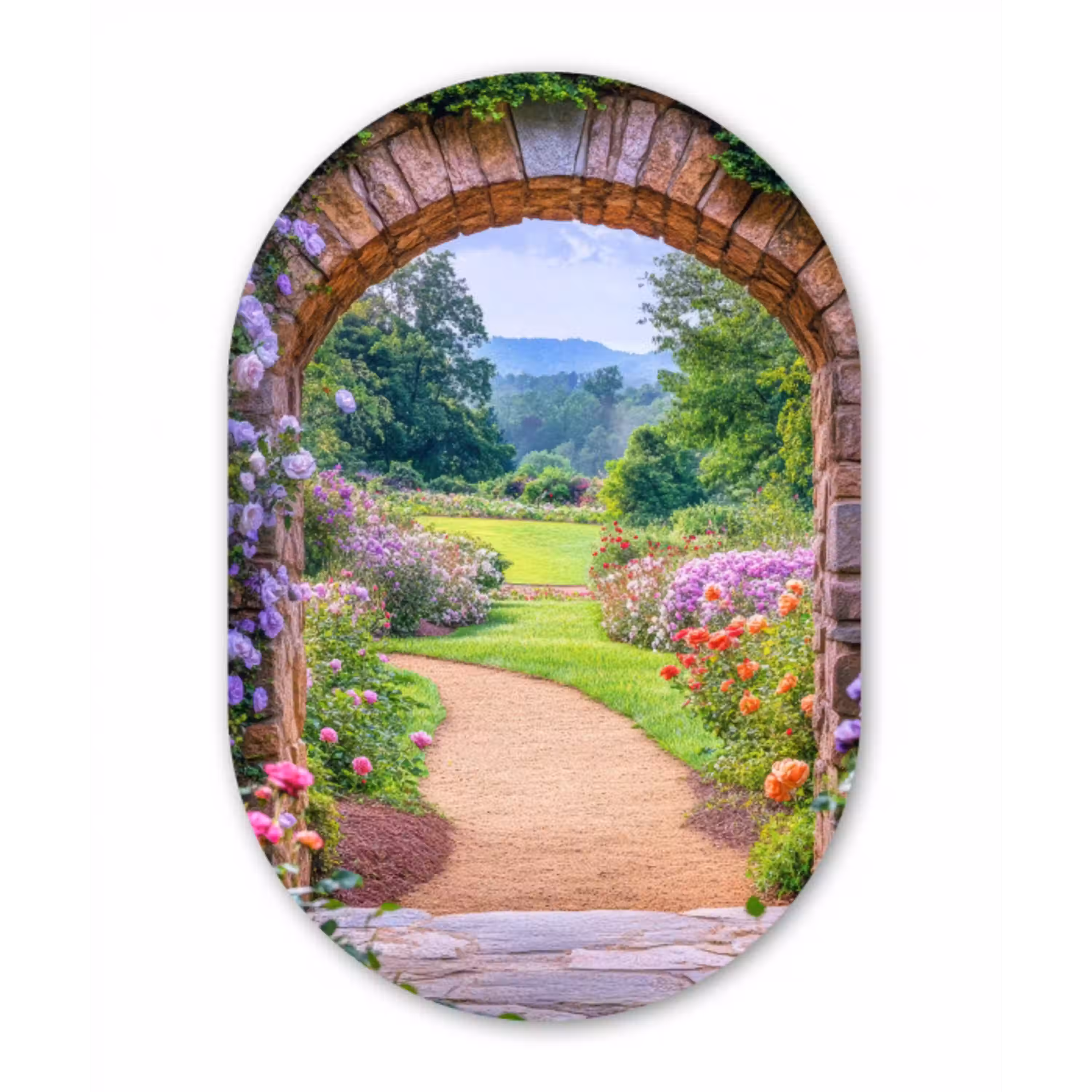 Doorkijk - Poort - Bloemen - Tuin Wandcirkel Ovaal Glas middel -3d