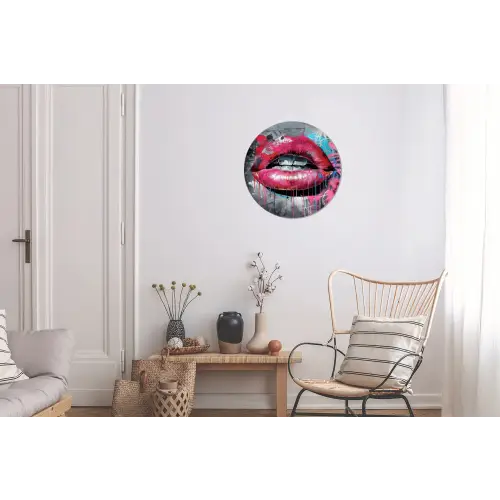 Lippen - Felroze - Graffiti - Verfstrepen Wandcirkel aluminium klein -woonkamer