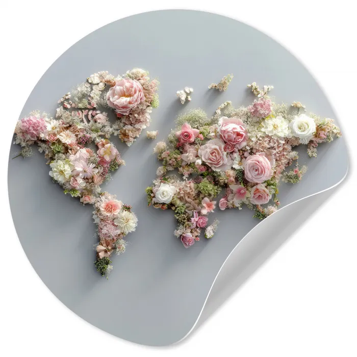 Wereldkaart - Rozen - Roze Wandcirkel behangsticker klein -3d