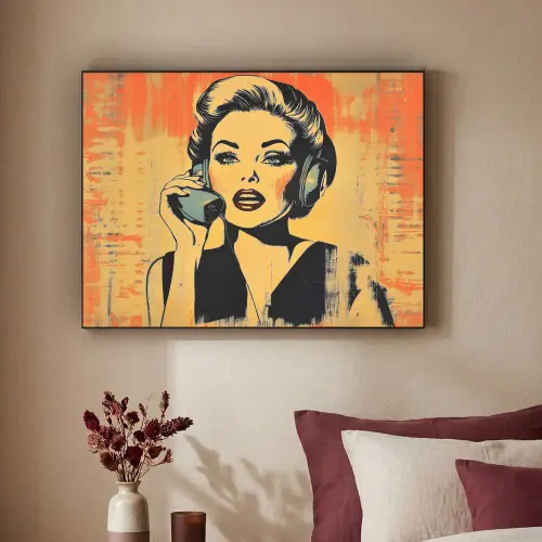 Retro - Vrouw - Koptelefoon - Oranje Textielframe zwart klein -sfeer1