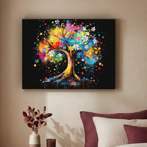Boom - Kleurrijk - Bloemen - Zwart Textielframe zwart klein -sfeer1