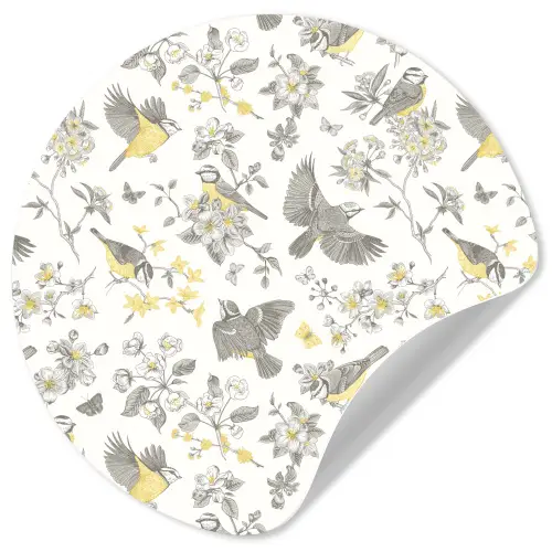 Birds - Flowers - Gray - Yellow Wandcirkel behangsticker klein 186 -3d