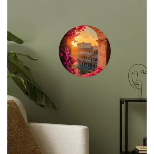 Colosseum - Rome - Roze Bloemen Wandcirkel behangsticker klein -sfeer2