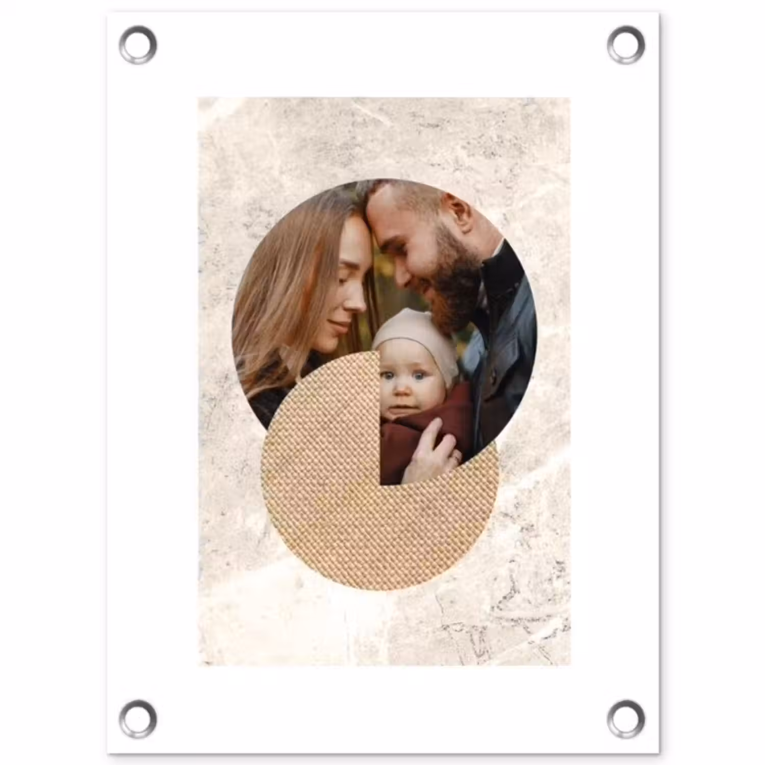 Gepersonaliseerde tuinposter - Ronde fotocollage met beige textuur en marmeren achtergrond
