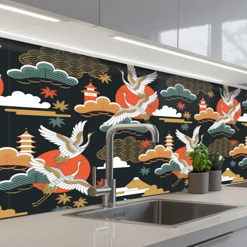 Kraanvogel - Wolken - Japan - Patroon keuken achterwand 2 middel 871 -3d_schuin