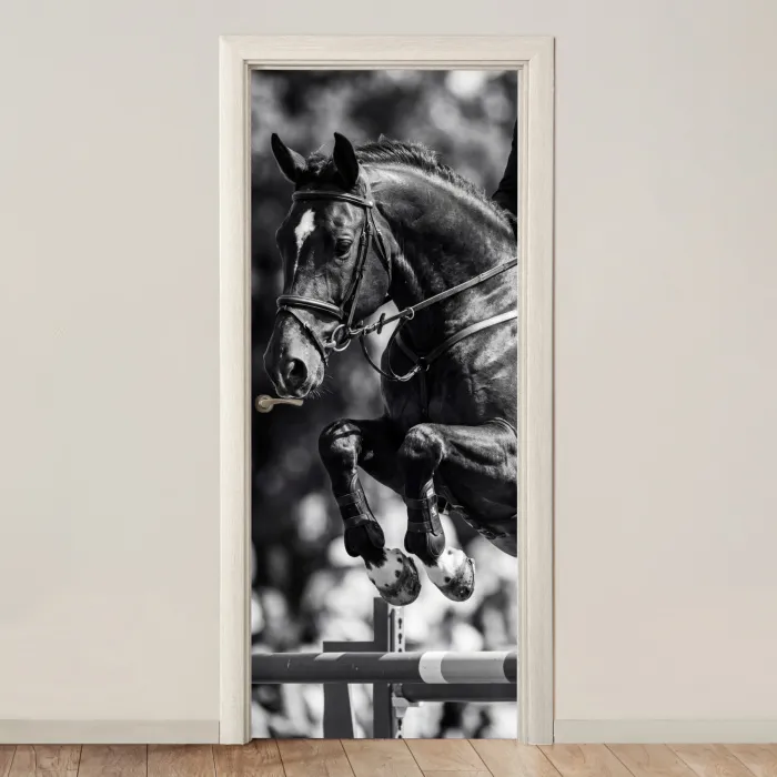 Springen - Paard - Zwart - Wit deurposter klein -3d_beige