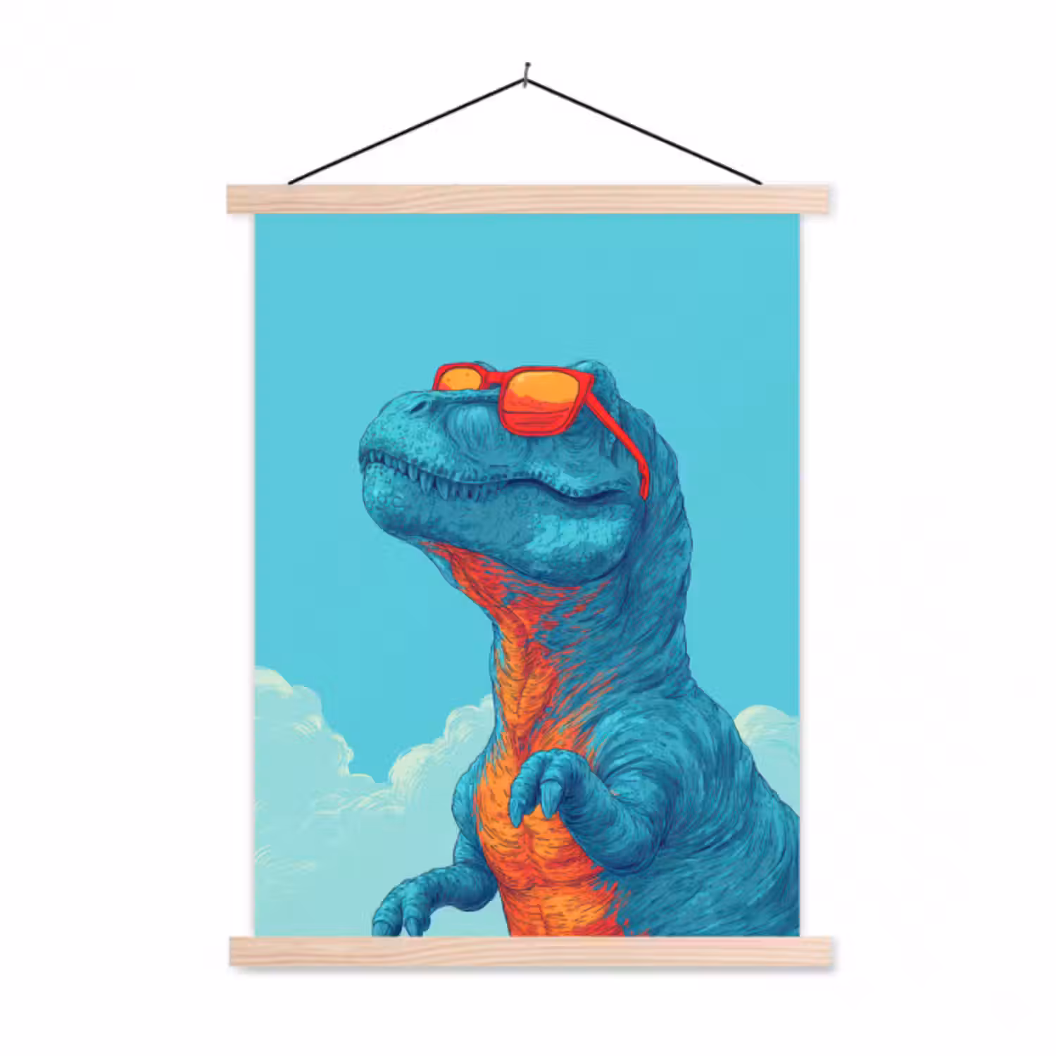 Stoffbild - T-Rex - Blau - Wolken - Sonnenbrille