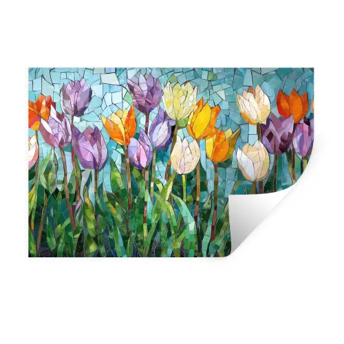Mozaïek - Veld - Tulpen - Kleurrijk Muursticker klein -3d
