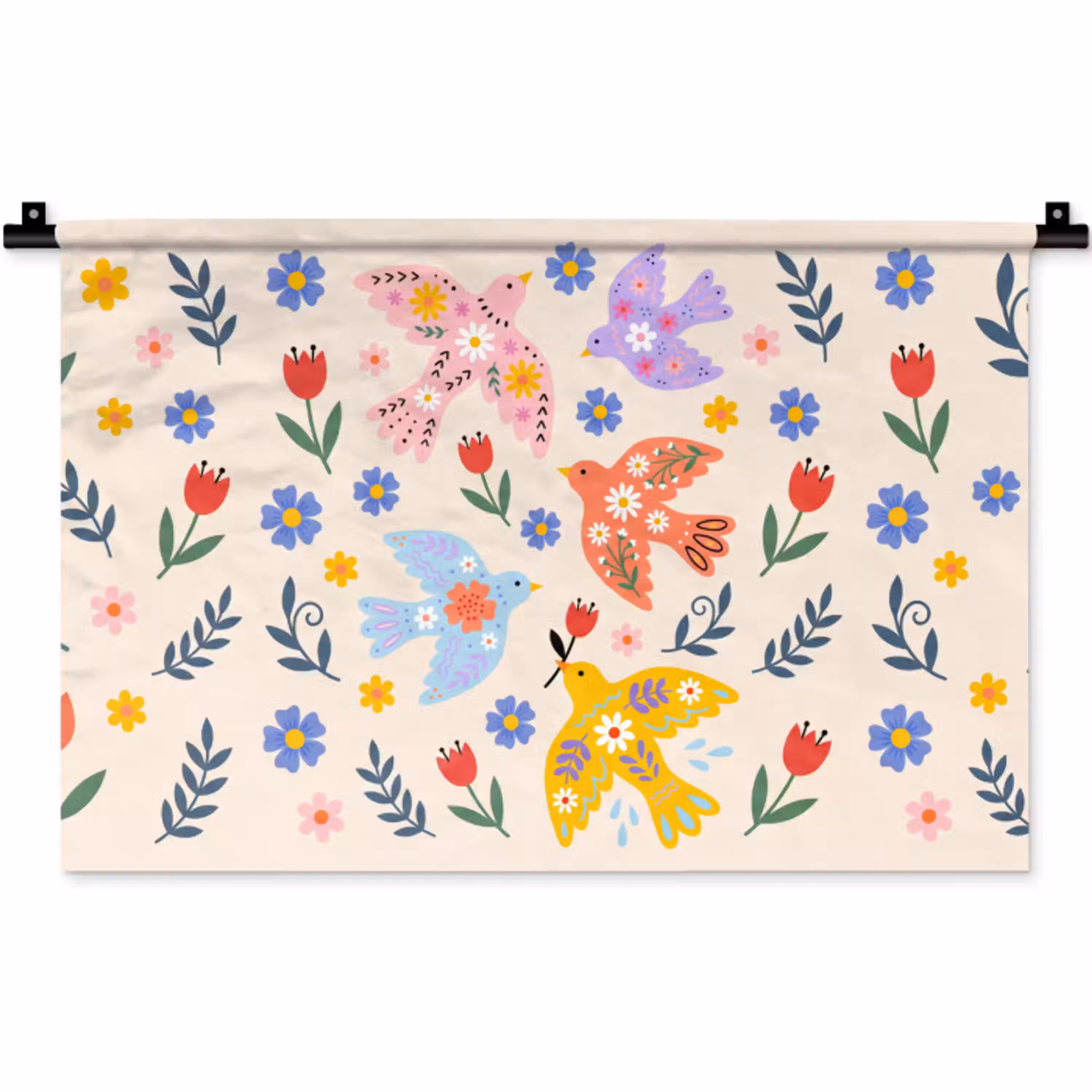 Vogel - Bloemen - Folk - Kleurrijk - Dieren Wandkleed katoen klein -zz3d