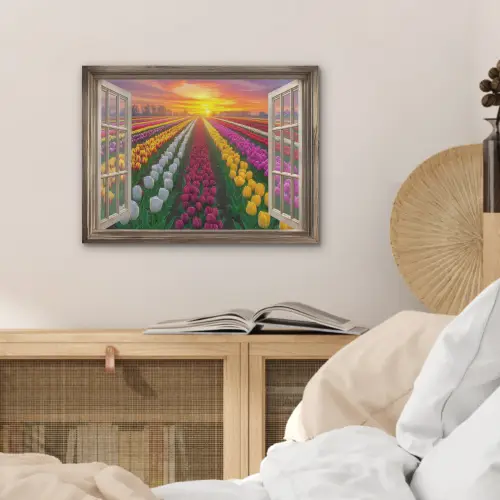 Doorkijk - Bloemen - Tulpen - Kleurrijk - Zonsondergang PET vilt klein -sfeer3