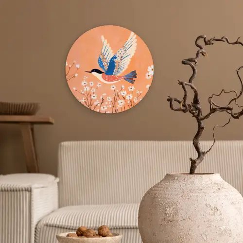 Vogel - Bloesemtakken - Warm - Kleurrijk Wandcirkel kunststof plaat 5mm dik klein -sfeer1