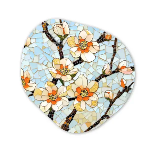 Bloesems - Wit - Mozaïek - Tak Wandcirkel Organisch Aluminium middel -3d