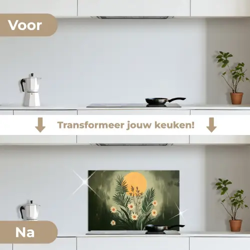 Bloemen - Bladeren - Zon - Groen keuken achterwand spatscherm klein -voor_na_NL