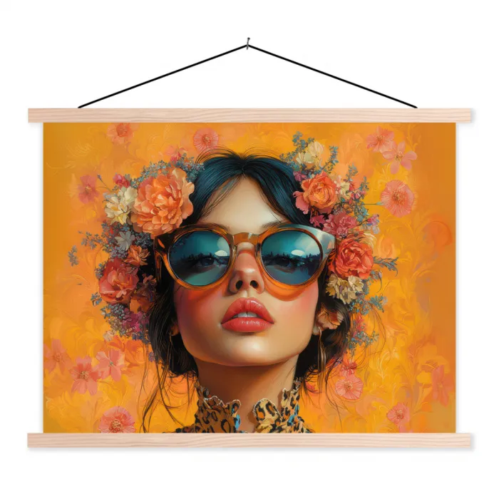 Vrouw - Bloemen - Aesthetic - Oranje textielposter latten blank klein -3d
