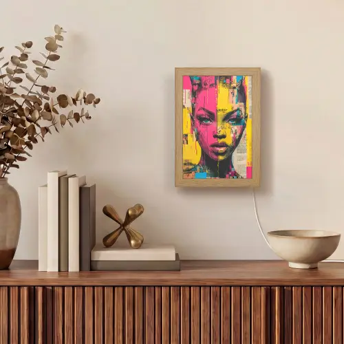 Vrouwengezicht - Krantenpapier - Abstract - Roze Light Box met kabel (Tafellamp) klein -sfeer2