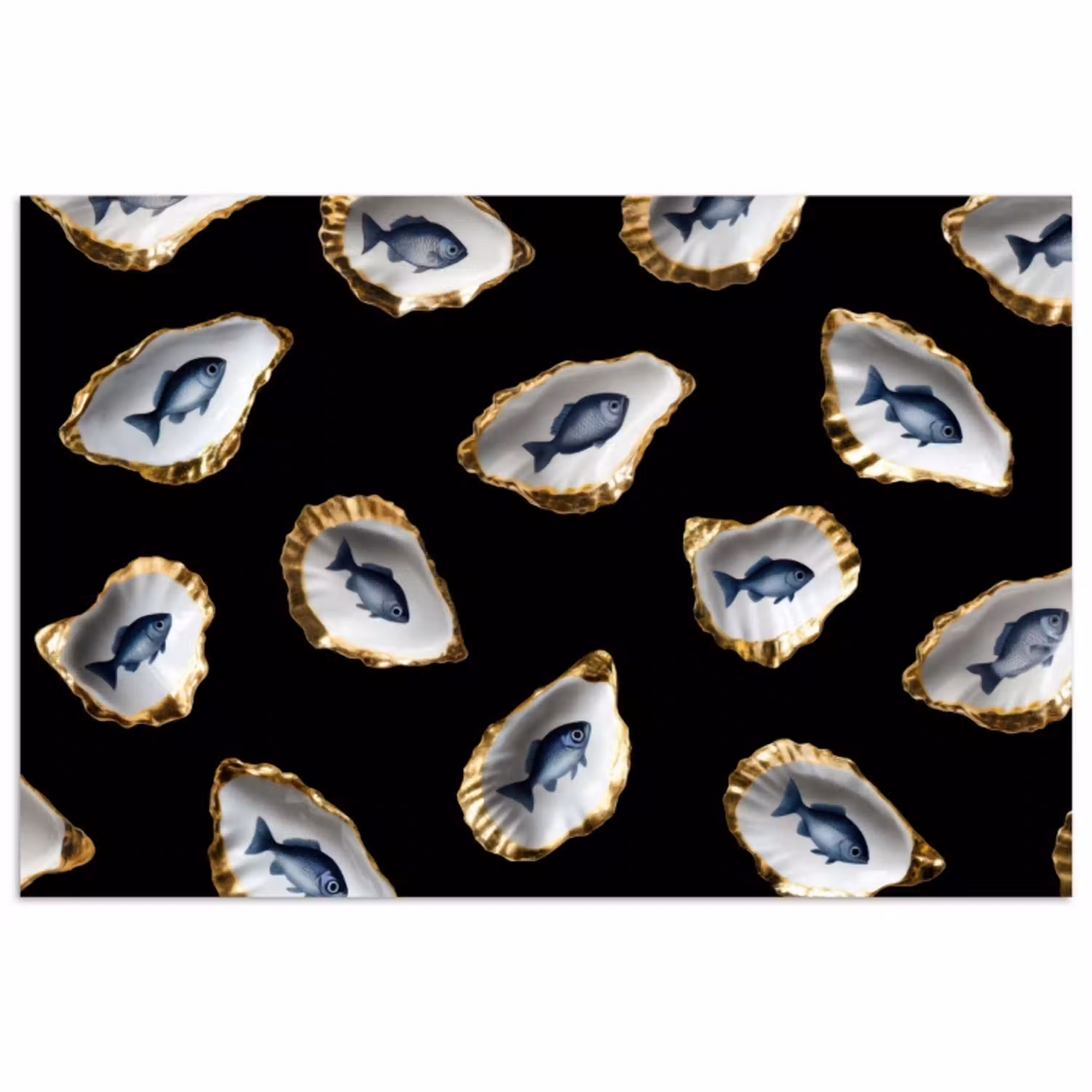 Oesters - Vissen - Blauw - Goud poster papier klein -3d