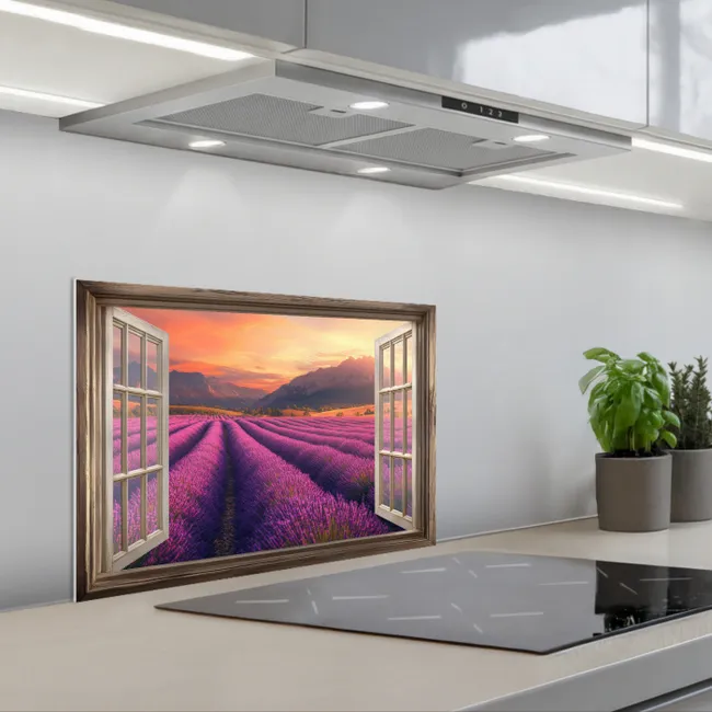Doorkijk - Lavendel - Landschap - Bloemen - Paars keuken achterwand spatscherm klein -3d_schuin