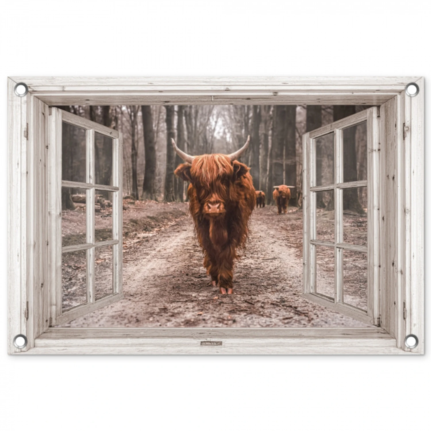 Hooglander door het Raam tuinposter los doek klein -3d