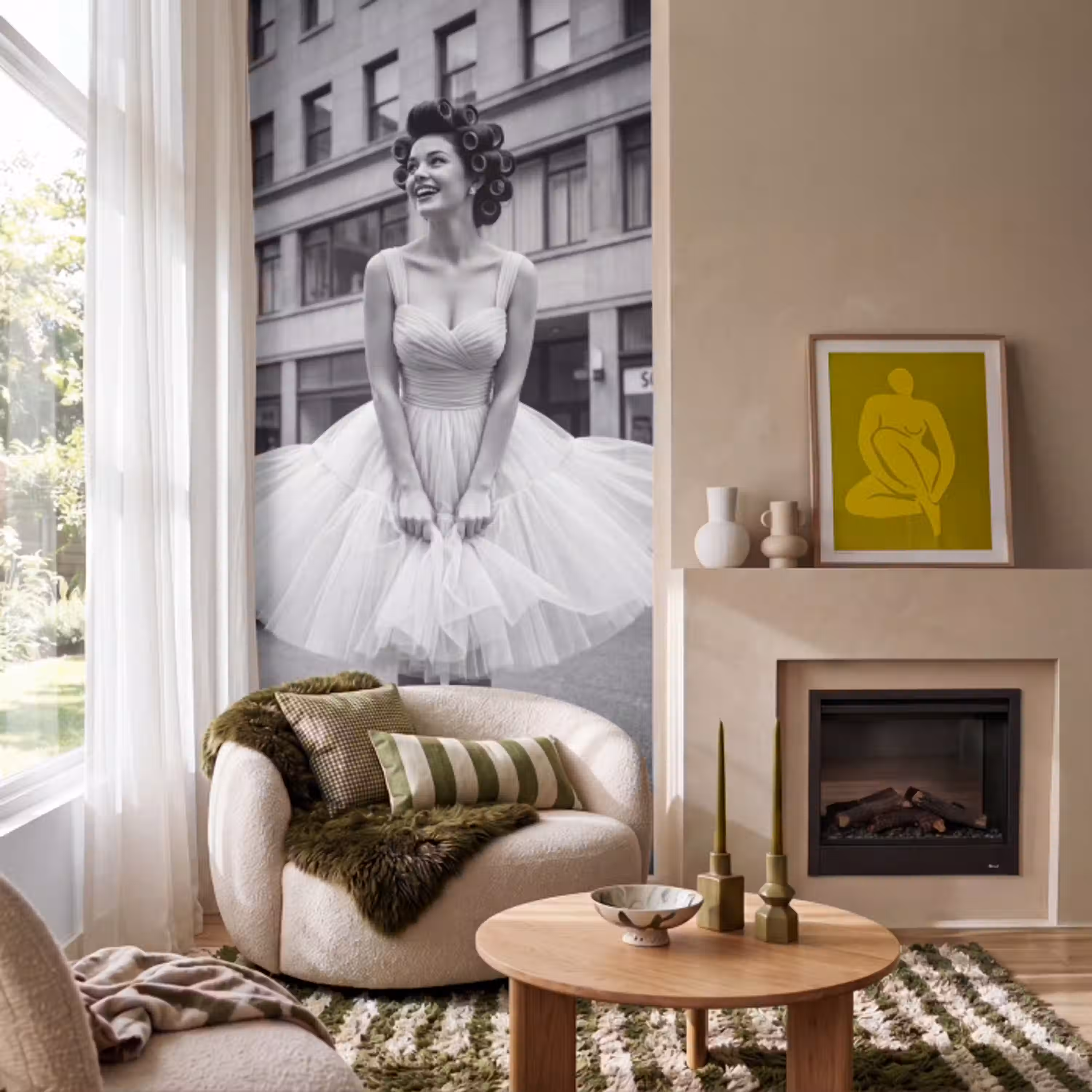 Retro - Vrouw - Zwart - Wit Behang Vlies klein -sfeer2