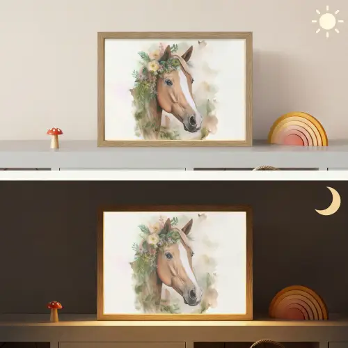 Paard - Bloemen - Natuur - Waterverf - Dieren Light Box met batterij (Wandlamp kind) middel -sfeer3_kind