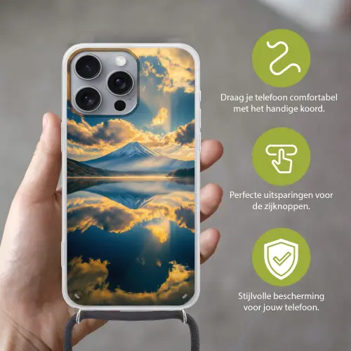 Berg - Rivier - Zonsondergang Hoesje iPhone 16 Pro Max met koord klein -sfeer2_NL