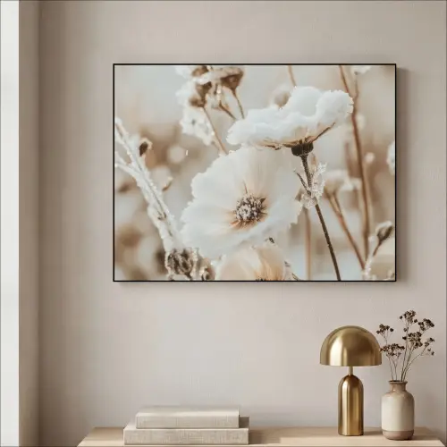 Bloemen - Winter - Wit - Sneeuw - Beige Textielframe zwart klein -sfeer2