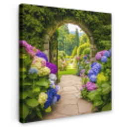 Doorkijk - Poort - Hortensia - Bloementuin Tuinposter op houten frame 2 cm dik middel -3d