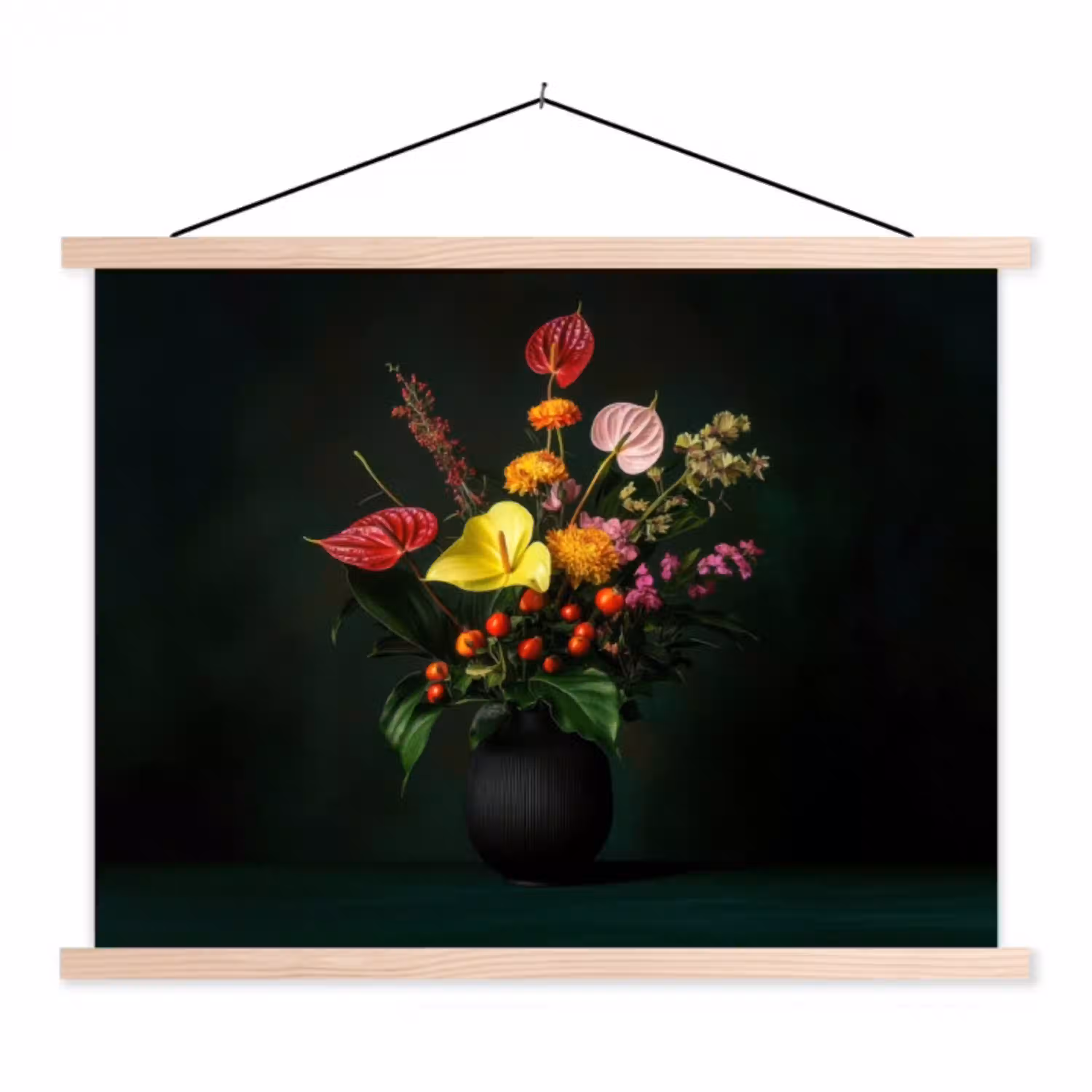 Bloemen - Vaas - Zwart textielposter latten blank klein -3d