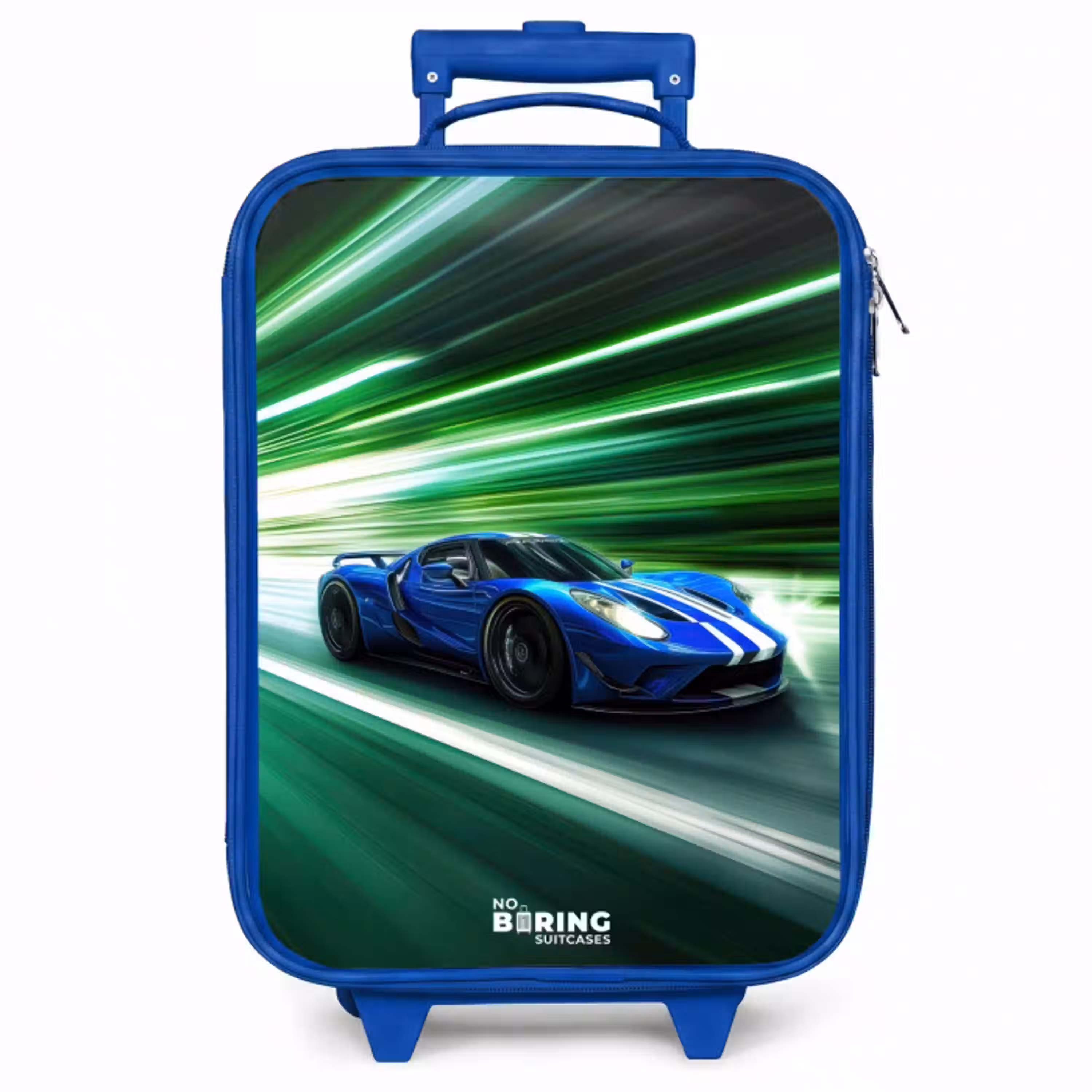 Blauwe raceauto met strepen in groene tunnel Kinderkoffer - Blauw klein -zzz_website3d