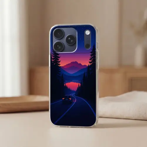 Auto - Donkere dennenbomen - Zonsondergang Telefoonhoesje iPhone 17 Pro klein -sfeer2